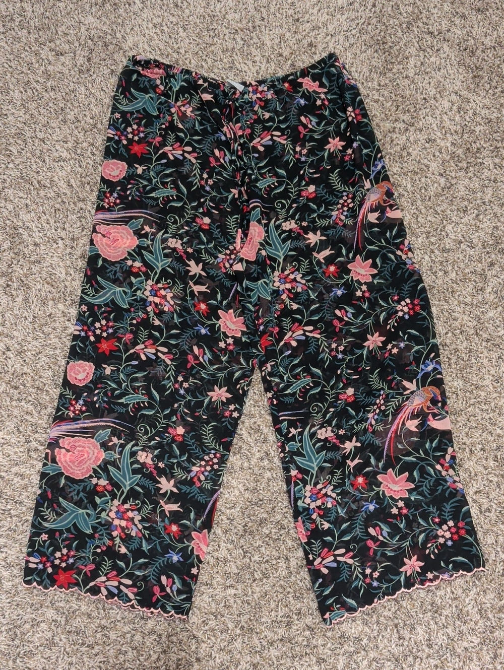 Natori vintage sheer black multicolor floral wide leg cropped pants